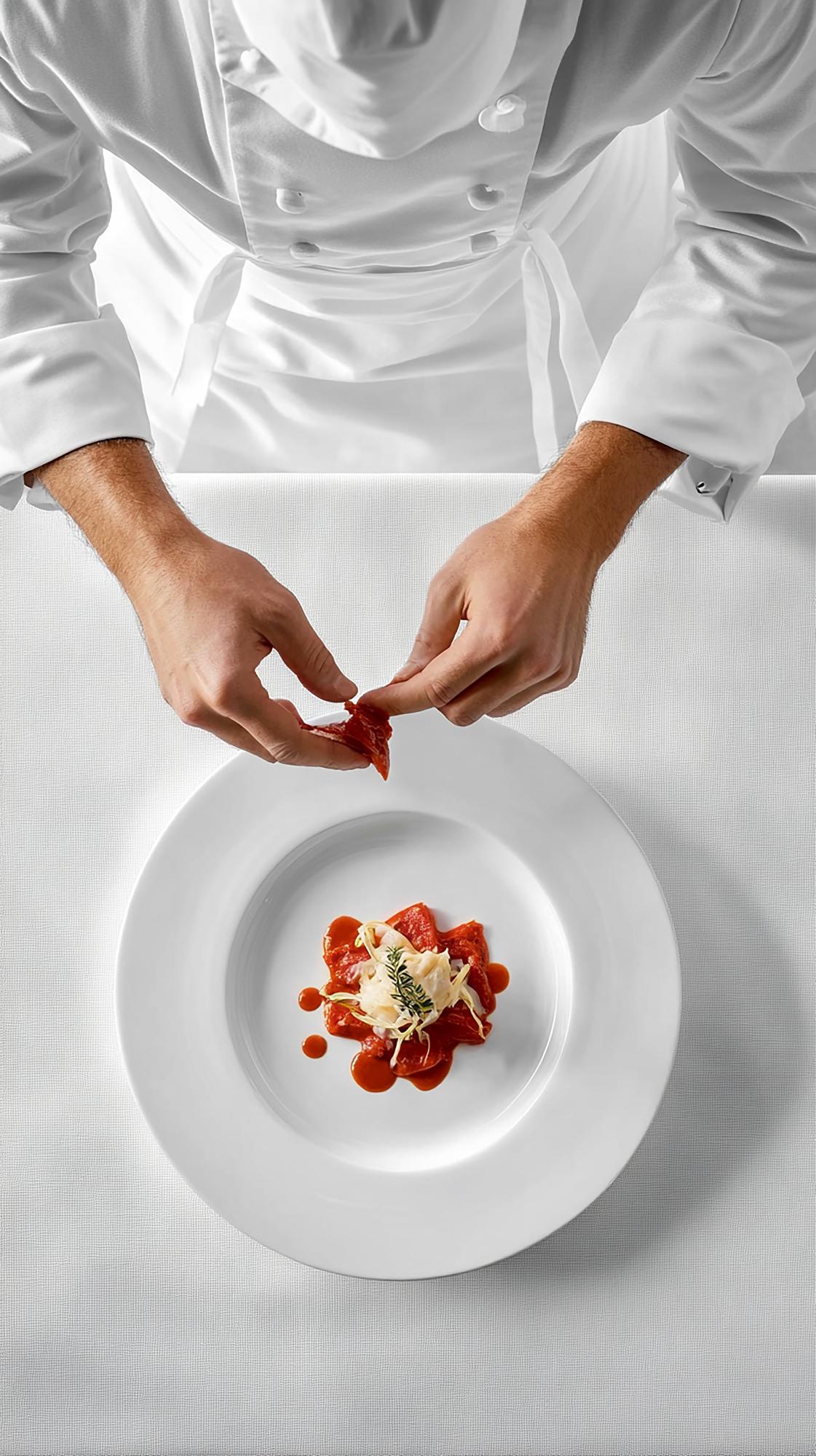 Chef preparing a plated dish in a modern kitchen